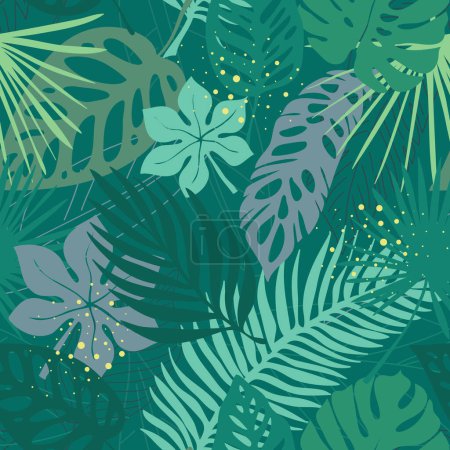 Grunge dibujado a mano texturizado hojas tropicales patrón sin costura. Fondo de elementos de silueta de hoja tropical. Abanico de palma, monstera, hoja de plátano en estilo grunge retro. Ilustración vectorial