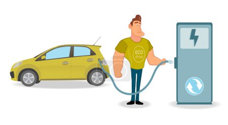 Téléchargez les illustrations : Homme recharge sa voiture électrique à la station sur fond blanc vecteur - en licence libre de droit