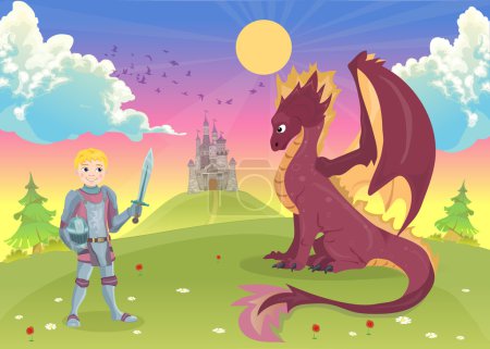 Téléchargez les illustrations : Chevalier de bande dessinée avec dragon. Un château en arrière-plan. Vecteur - en licence libre de droit