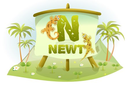 Ilustración de Divertido alfabeto de dibujos animados N con Newt - Imagen libre de derechos