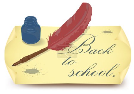 Photo for Back to school, design template with feather in ink bottle and old paper - Royalty Free Image