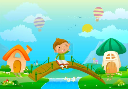 ilustración sobre niño con libro y paisaje de hadas
