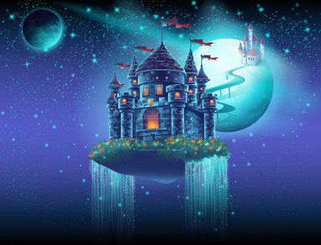 Illustration for Illustration space castle with a waterfall on the background of the planet - Royalty Free Image