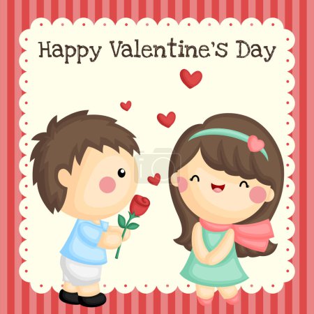 Un Vector de Niño Lindo Dando Flor a Su Chica en el Día de San Valentín