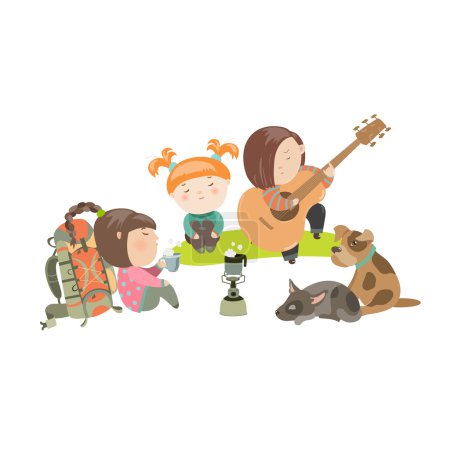 Illustration for Kids on a Camping Trip with Dogs. Vector isolated illustration - Royalty Free Image