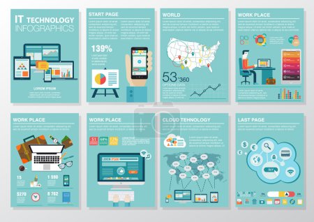 Téléchargez les illustrations : Grand ensemble d'éléments d'infographie dans le style d'affaires plat moderne. Illustrations vectorielles d'infographies modernes sur l'informatique. Utilisation dans le site Web, flyer, rapport d'entreprise, présentation, publicité, marketing. A4 - en licence libre de droit