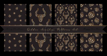 Ilustración de Conjunto sin costuras con elementos de Año Nuevo y Navidad: Buey, toro, estrellas y adornos de árboles en estilo vintage dorado. Paquete de papel de envolver con el arte de la línea de elegancia y Buey - símbolo de año nuevo chino. - Imagen libre de derechos