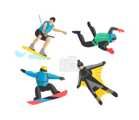 Illustration for Extreme sport vector people. Parasailing, wakeboard, snowboard, rocker, snowboards, flybord, parkour, extreme, flying, man, bat, acrobatics, aerial, skysurfing, wingsuit extreme sport - Royalty Free Image