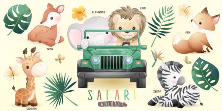 Téléchargez les illustrations : Animaux mignons safari doodle avec collection florale - en licence libre de droit