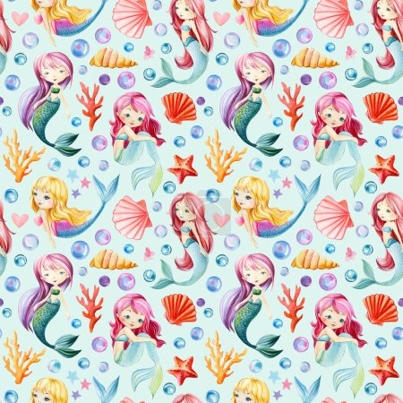 Patrón sin costuras, fondo marino con sirenas, burbujas, conchas marinas, corrales y estrellas de mar, dibujo acuarela