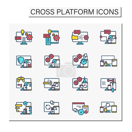 Ilustración de Conjunto de iconos de color plataforma cruzada. Entorno de programación. Plataforma para crear nuevos sistemas operativos. Sincrónica entre dispositivos. Concepto de digitalización. Ilustraciones vectoriales aisladas - Imagen libre de derechos