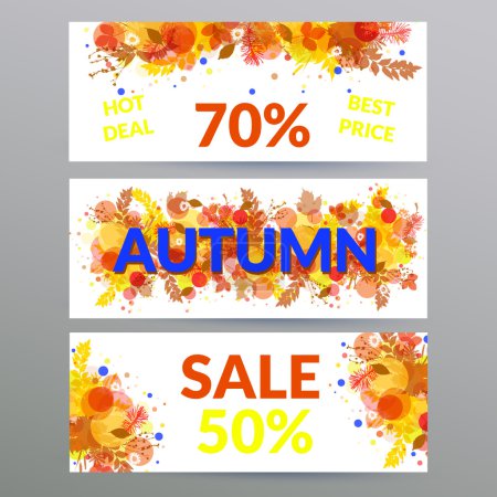 Photo for Colorful floral autumn sale web banners with orange foliage, design for promotion. Posters with leaves and twigs. Vector illustration. - Royalty Free Image