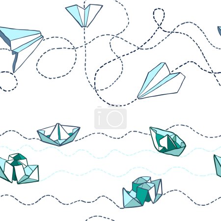 Illustration for Origami paper boats and paper planes seamless hand drawn pattern. Vector background - Royalty Free Image