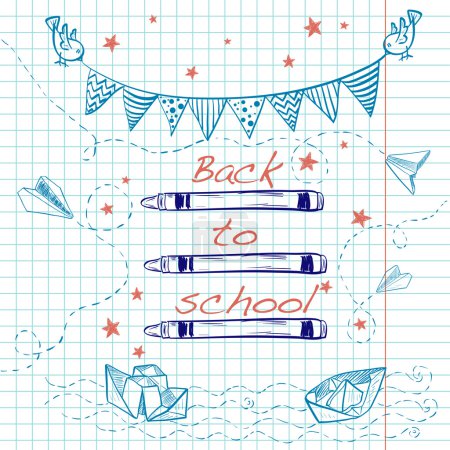 Illustration for Hand drawn sketch. Notebook doodles with bunting flags, birds, crayons, stars, paper boats and paper planes - Royalty Free Image