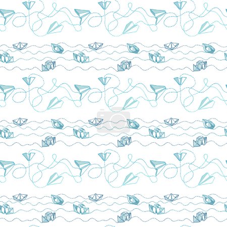 Illustration for Origami paper boats and paper planes seamless pattern - Royalty Free Image