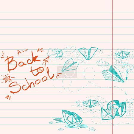 Illustration for Hand drawn Back to School sketch on squared notebook paper. Notebook doodles with lettering, paper boats and paper planes. Vector Illustration. Background - Royalty Free Image