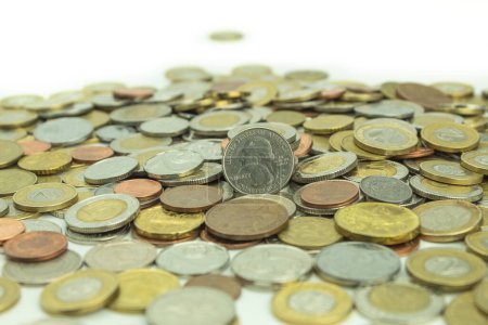 Photo for Everyday coins of euro cent close up. Coins of different countries and different denominations on a beautiful marble surface. Coin Collecting and Nunismatic - Royalty Free Image