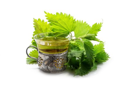 té de ortiga en una taza de vidrio y plata, ramas y hojas frescas, aisladas en blanco
