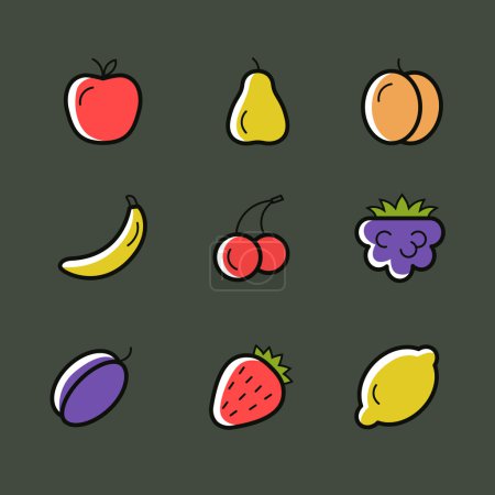 Conjunto de iconos de línea vectorial de frutas sobre un fondo oscuro
