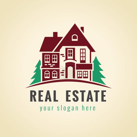 Illustration for Real estate vector logo. House for sale sign. Sign for estate agency, building, lease house, insurance, invest or landscape design business. Country house vintage symbol. - Royalty Free Image