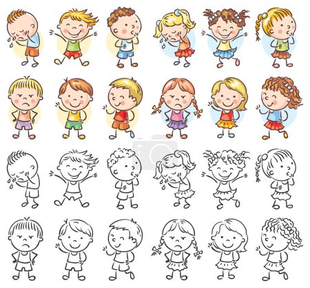 Ilustración de Conjunto de diferentes niños con diversas emociones, tanto coloridas como en blanco y negro - Imagen libre de derechos