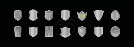 Ilustración de Conjunto de forma de escudo de metal icono de dibujos animados plantilla de diseño con varios modelos. ilustración vectorial moderna sobre fondo negro - Imagen libre de derechos