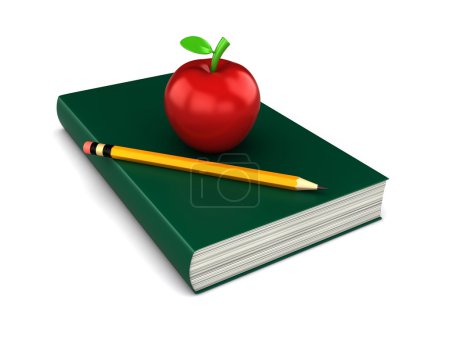 Photo for 3d render of a thick red book with apple and a pencil on top - Royalty Free Image