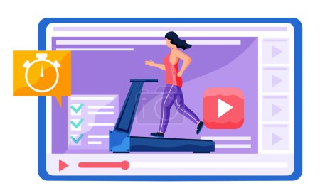 Ilustración de Chica en chándal corriendo en la cinta. Tareas completadas por día. Programa de entrenamiento para principiantes y atletas experimentados. La mujer sigue un estilo de vida saludable. Plan de funcionamiento para el día - Imagen libre de derechos