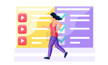 Ilustración de Chica en chándal corriendo por la mañana. Programa de entrenamiento para principiantes. Tareas completadas y no completadas por día. El atleta se adhiere a un estilo de vida saludable. Plan de trotar para el día. Correr - Imagen libre de derechos