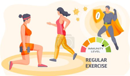 Ilustración de Sesión de entrenamiento, ejercicios diarios, tiempo de fitness, trotar. Chicas haciendo deporte y manteniendo un estilo de vida saludable en casa. El superhéroe demuestra un alto nivel de inmunidad. Las mujeres hacen ejercicio con equipo - Imagen libre de derechos