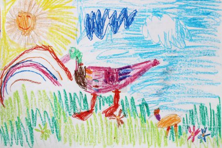 Dibujo infantil sobre pinturas en papel blanco e ilustración a lápiz
