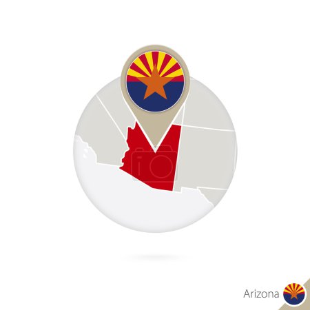 Téléchargez les illustrations : Arizona Carte de l'État américain et drapeau en cercle. Carte de l'Arizona, Arizona flag pin. Carte de l'Arizona dans le style du globe. Illustration vectorielle
. - en licence libre de droit