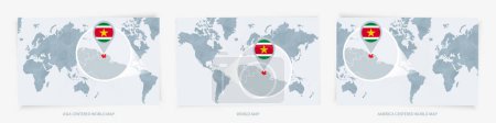 Ilustración de Tres versiones del Mapa del Mundo con el mapa ampliado de Surinam con bandera. - Imagen libre de derechos