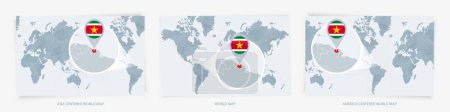 Téléchargez les illustrations : Trois versions de la carte du monde avec la carte élargie du Suriname avec drapeau. - en licence libre de droit