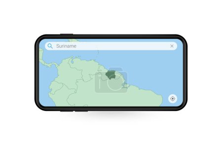 Ilustración de Buscando mapa de Surinam en aplicación de mapa de Smartphone. Mapa de Surinam en Teléfono Celular. - Imagen libre de derechos