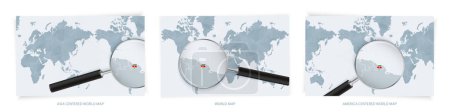 Ilustración de Blue Abstract World Maps con lupa: Mapa de Surinam con la bandera nacional de Surinam. Tres versiones de Mapa del Mundo. - Imagen libre de derechos