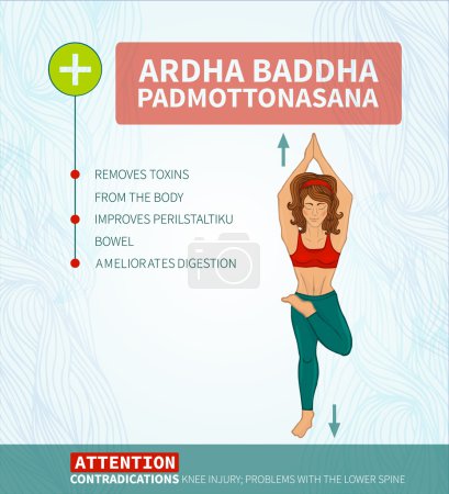 Illustration for Yoga therapy. Yoga infographics Ardha baddha padmottanasana (hatha yoga) - Royalty Free Image