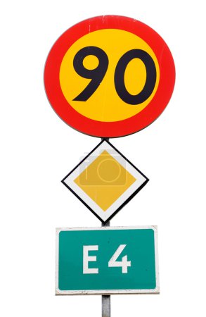 Photo for Swedishroad signs combination with a speed limit of 90 km / h, primary  road and the road number E4 mounted on a pole isolated on white background. - Royalty Free Image