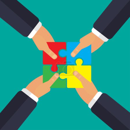 Téléchargez les illustrations : Dans les mains du travail d'équipe puzzle quatre mains - en licence libre de droit