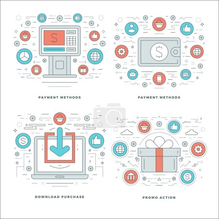 Ilustración de Línea Plana de Pago, Banca, Compras Conceptos de Negocios Set de Vectores ilustraciones. Iconos modernos de vector de carrera lineal delgada. Sitio web Encabezado Gráficos, Banner, Diseño de infografías, Materiales promocionales - Imagen libre de derechos