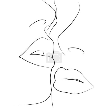 Ilustración en línea de dos mujeres besándose. Concepto de relaciones homosexuales, amor, LGBT, libertad de derechos humanos. Línea negra sobre fondo blanco
