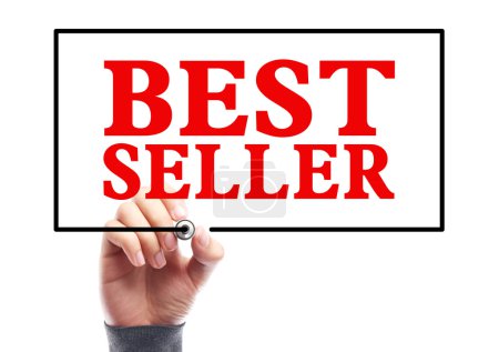 Photo for Hand with marker is writing the concept of Best Seller on the transparent whiteboard. - Royalty Free Image