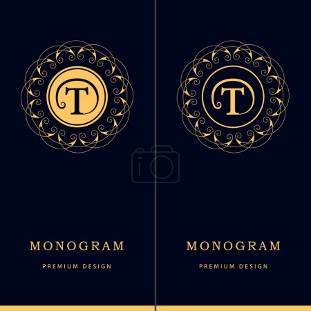 Illustration for Vector illustration of Monogram design elements, graceful template. Letter emblem sign T. Calligraphic elegant line art logo design for business cards, Royalty, Boutique, Cafe, Hotel, Heraldic, Jewelry - Royalty Free Image