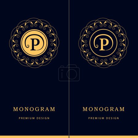 Elementos de diseño de monograma, plantilla elegante. Letra emblema signo P. Caligrafía elegante línea de diseño de logotipo de arte para tarjetas de visita, Royalty, Boutique, Café, Hotel, Heráldico, Joyería. Ilustración vectorial
