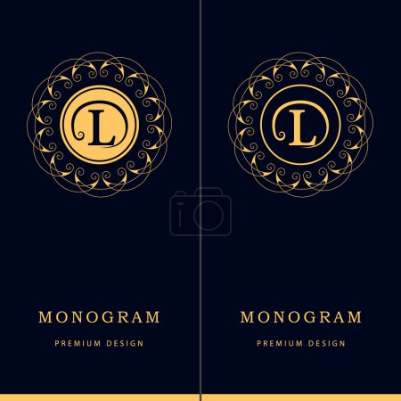 Ilustración de Ilustración vectorial de elementos de diseño de monograma, plantilla elegante. Letra emblema signo L. Caligrafía elegante línea de diseño de logotipo de arte para tarjetas de visita, Royalty, Boutique, Café, Hotel, Heráldico, Joyas - Imagen libre de derechos