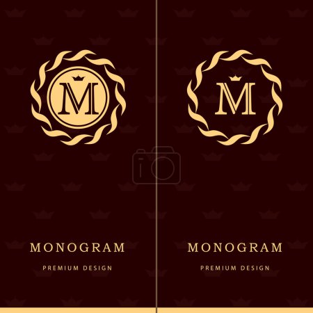 Elementos de diseño de monograma, plantilla elegante. Letra emblema signo M. Caligrafía elegante línea de diseño de logotipo de arte para tarjetas de visita, Royalty, Boutique, Café, Hotel, Heráldico, Joyería. Ilustración vectorial
