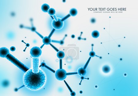 Foto de Una ilustración 3D que representa la química moléculas de proteínas orgánicas formaciones y estructuras sobre un fondo azul
. - Imagen libre de derechos