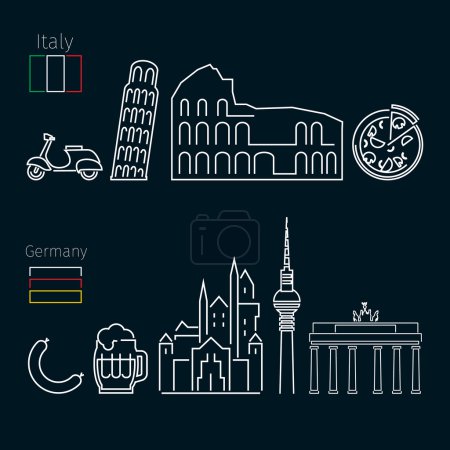 Illustration for Concept of travel or studying Italian on black background. Italian and German flags. Flat design, lineart vector illustration - Royalty Free Image