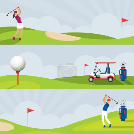 Illustration for Men and Women, Swing, Golf Cart - Royalty Free Image