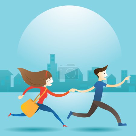 Pareja de hombres y mujeres corren en la ciudad
